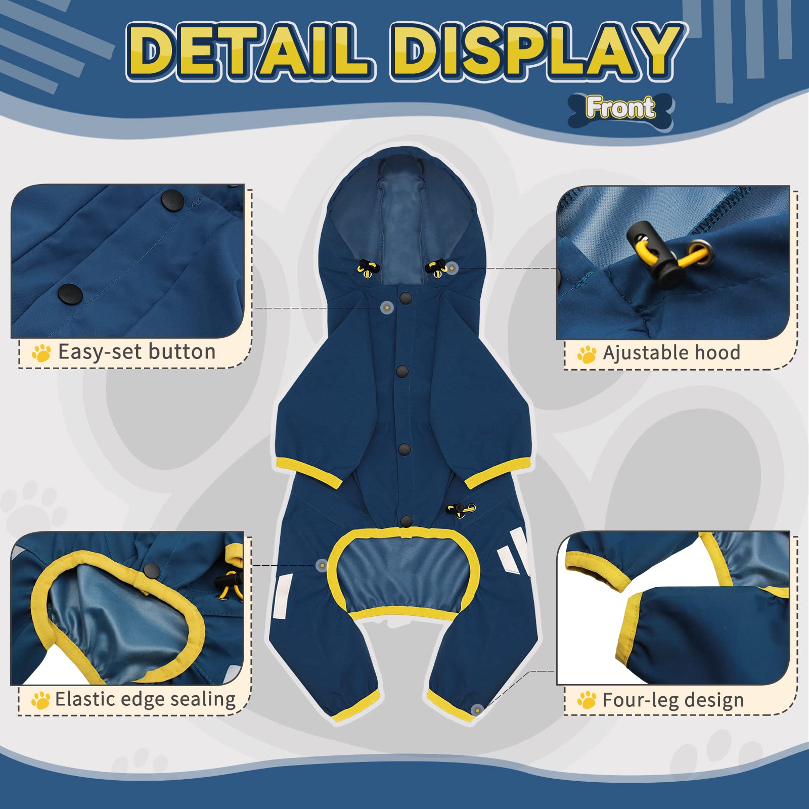 Miucat raincoat in blue with reflective strips for nighttime visibility.