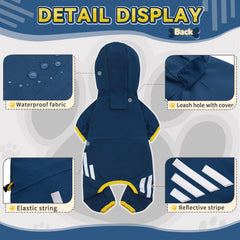 Miucat raincoat with hood shows hidden leash hole for easy attachment during walks.
