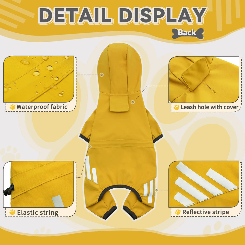 Miucat dog raincoat yellow leg-elastic wrap ensures snug, full-coverage fit.