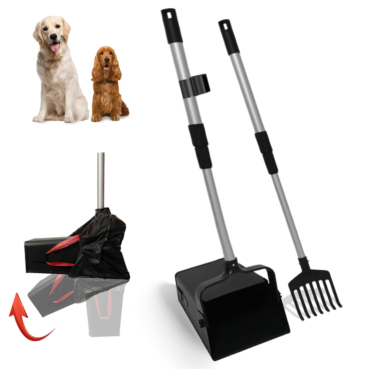 MIVERYEA pooper scooper with metal 38-inch adjustable handle for comfortable grass cleanup.