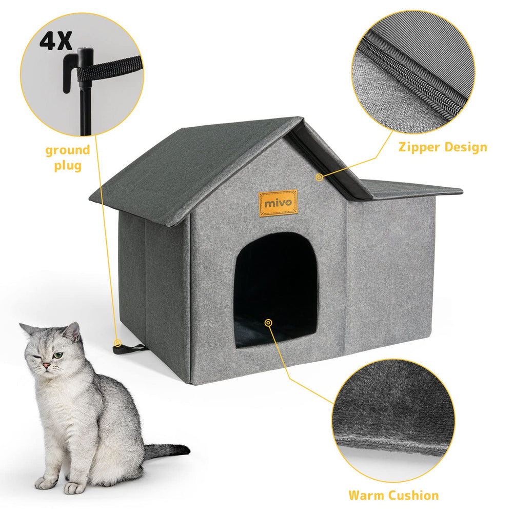 Mivo Outdoor Cat House folds for easy storage and portability.