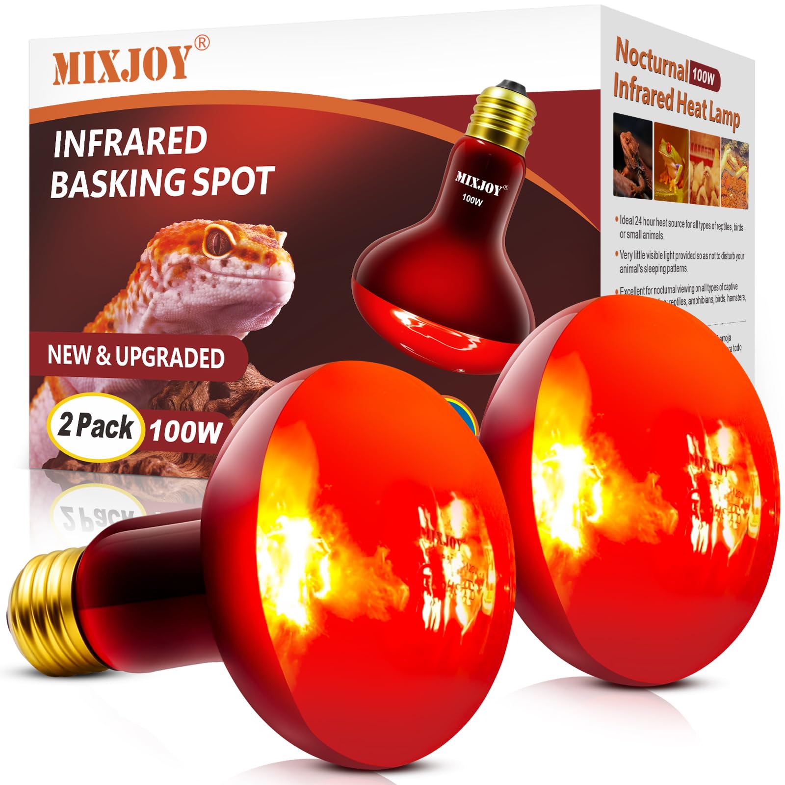 MIXJOY 100W infrared heat lamp bulb front view provides steady warmth for reptiles