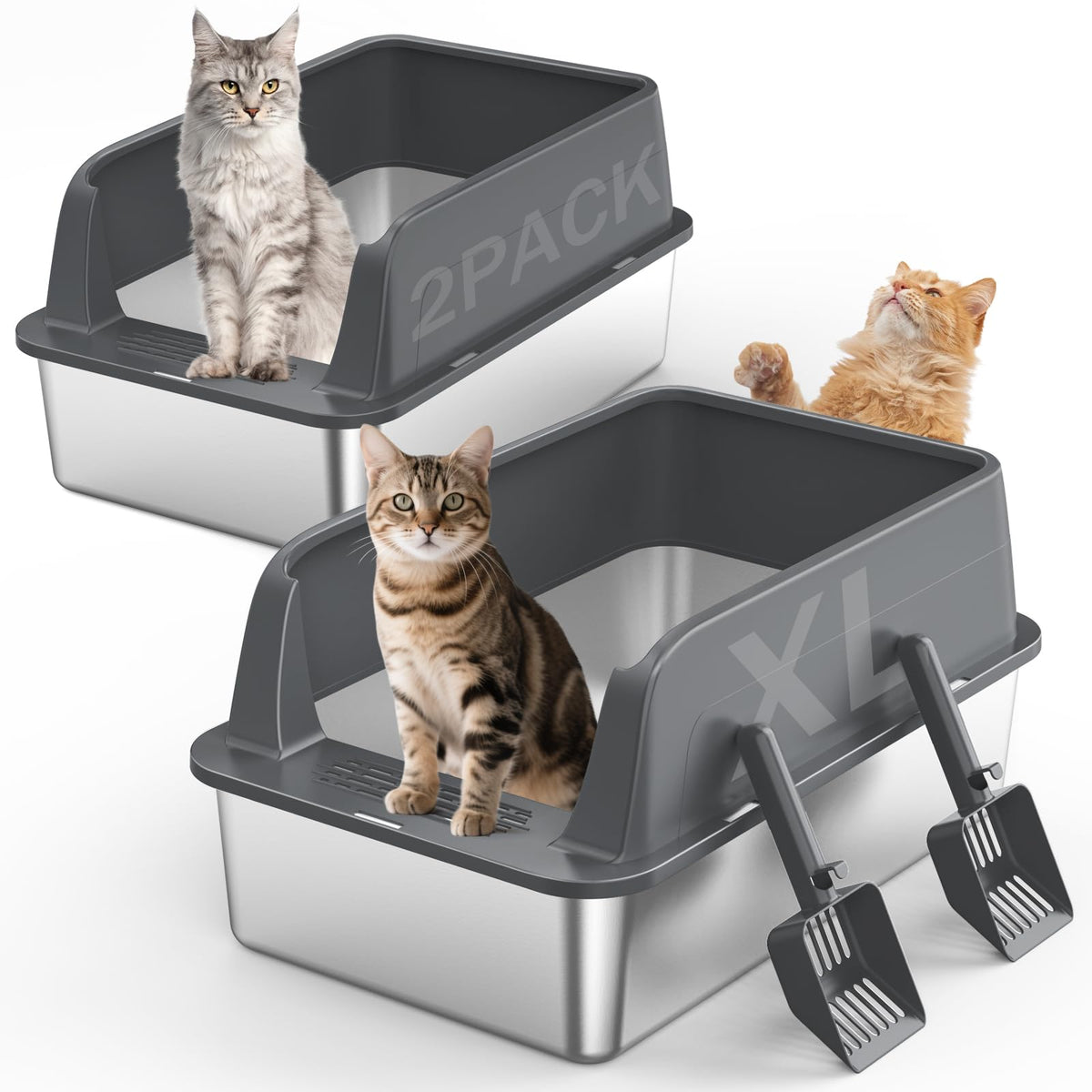 MIXJOY 2PACK stainless steel litter box for large cats and multi-cat homes.