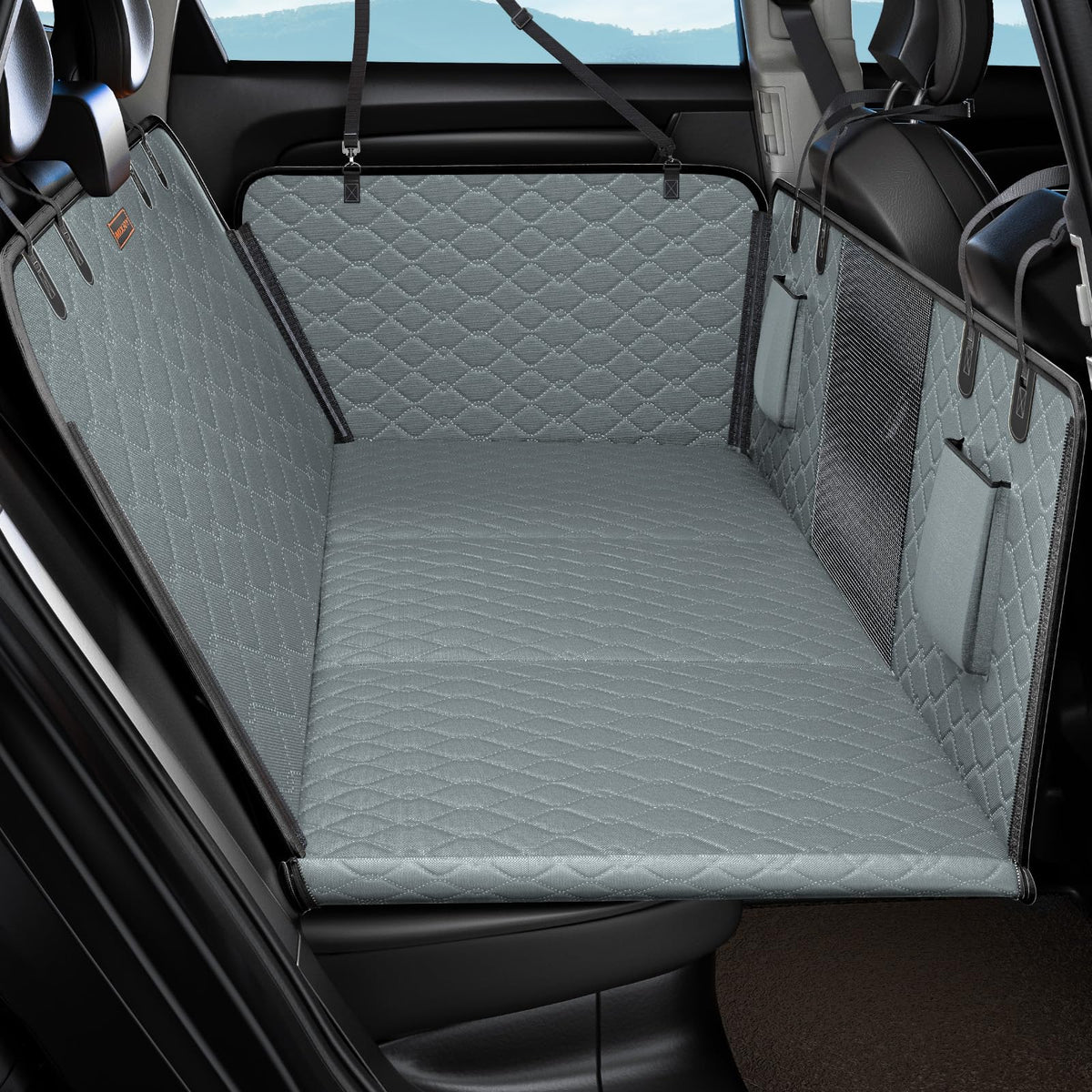 MIXJOY back seat extender front view showing spacious pet seating area and sturdy construction.