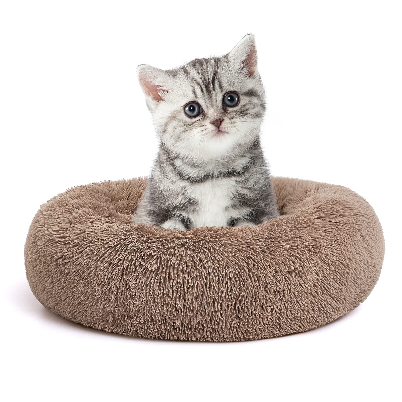 MIXJOY Calming Cat Bed 20in round brown fur close-up for cozy warmth
