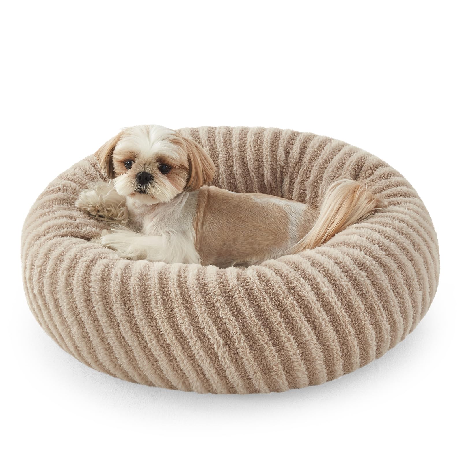 MIXJOY calming donut bed beige close-up for cozy small-pet naps.