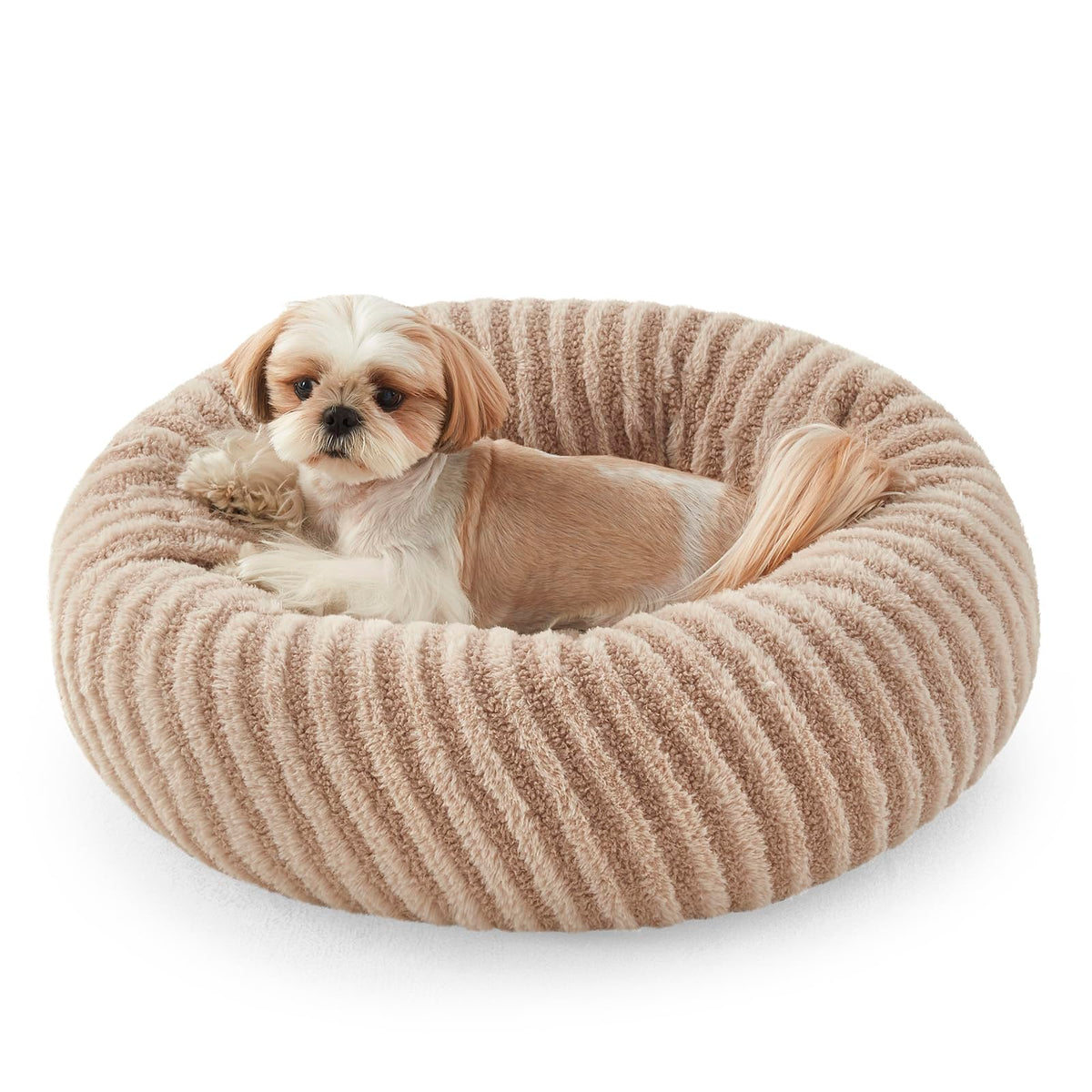MIXJOY calming donut bed beige close-up for cozy small-pet naps.