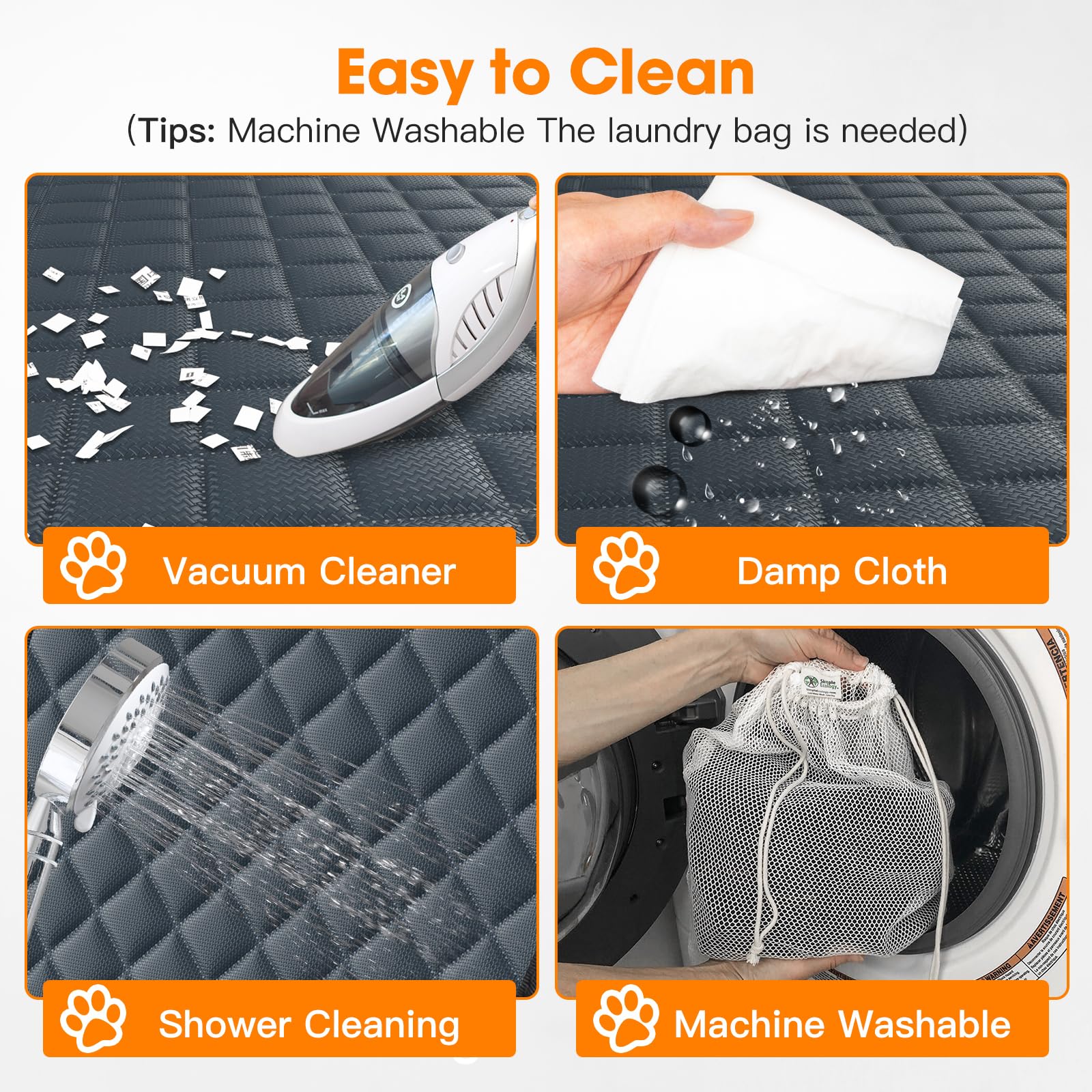 MIXJOY dog car cover cleaning guide shows quick wipe-downs and machine-safe care