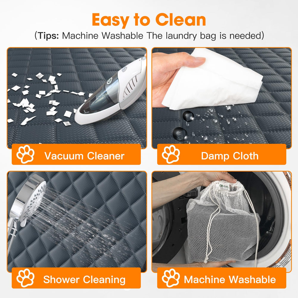 MIXJOY dog car cover cleaning guide shows quick wipe-downs and machine-safe care
