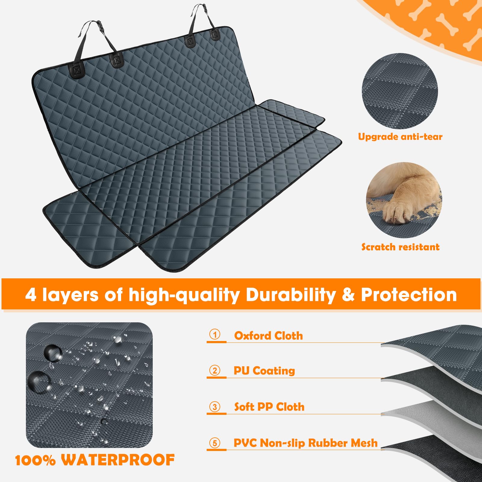 MIXJOY dog car cover easy-installation process demonstrates quick headrest buckles and seat tuck