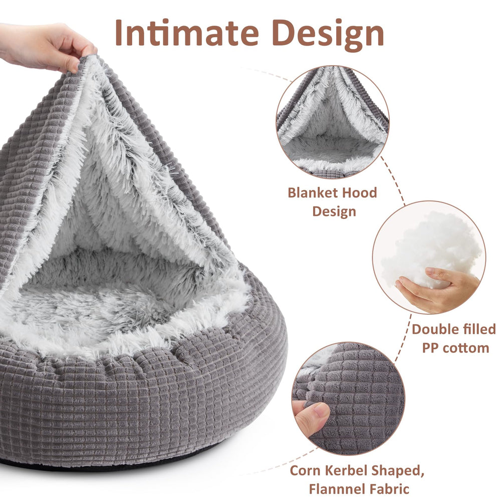 MIXJOY hooded cave bed with raised edges supports head and neck.