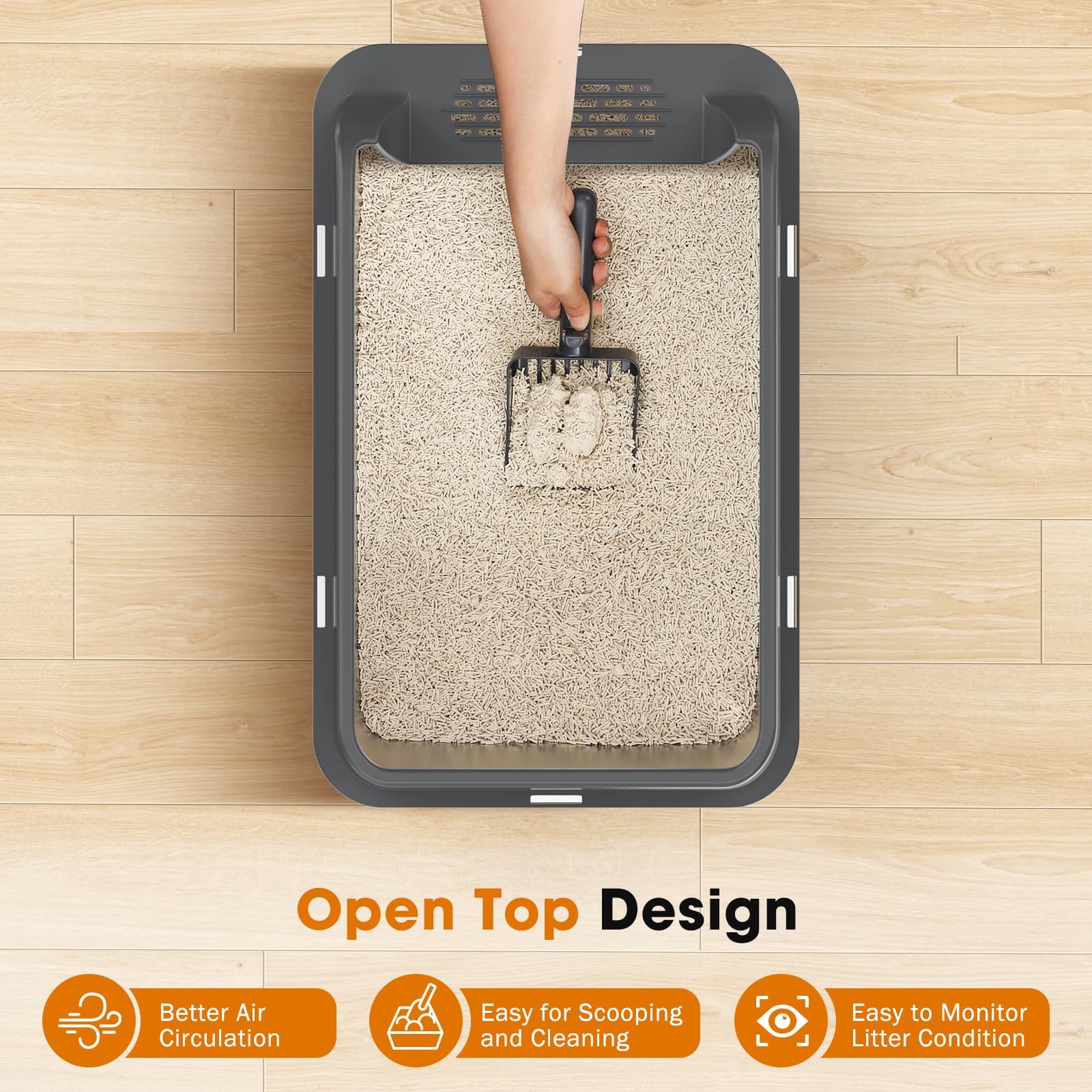 MIXJOY stainless steel box with 11-inch walls helps contain urine and litter.