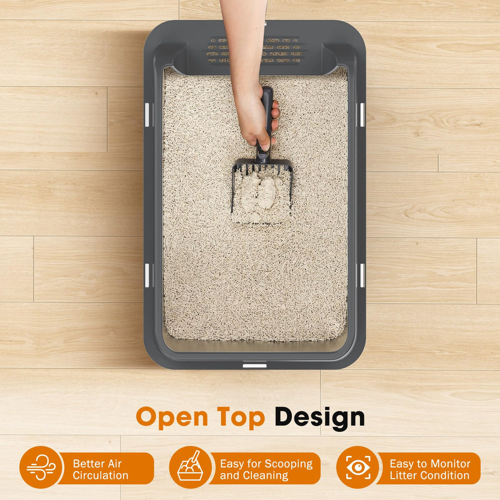MIXJOY stainless steel box with 11-inch walls helps contain urine and litter.
