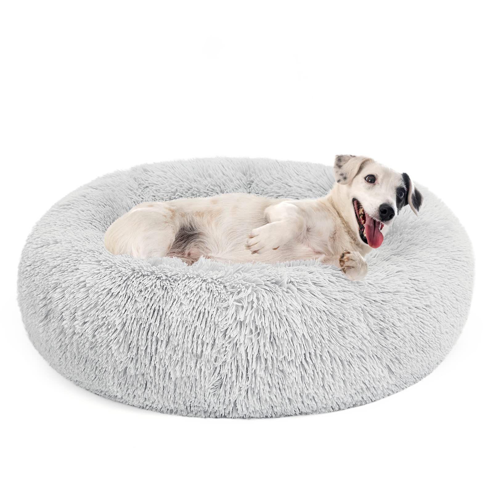 MIXJOY Orthopedic Dog Bed round donut style with plush fur for cozy lounging.