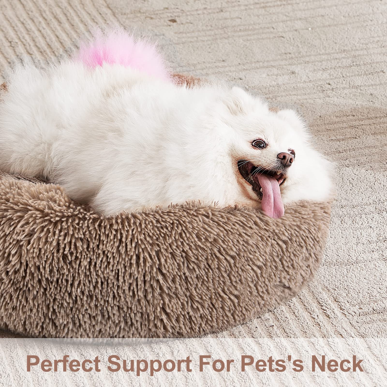 MIXJOY donut bed closeup in brown fur highlights luxurious softness for cuddling