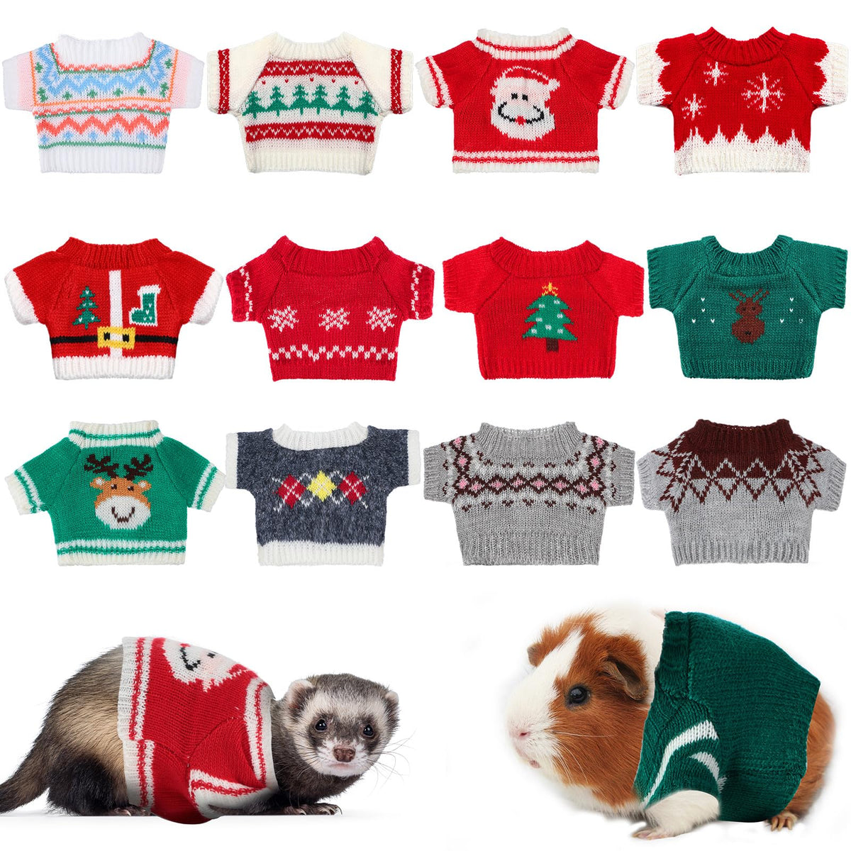 Mixweer christmas-ferret-clothes-12-pcs-set on display for winter warmth.