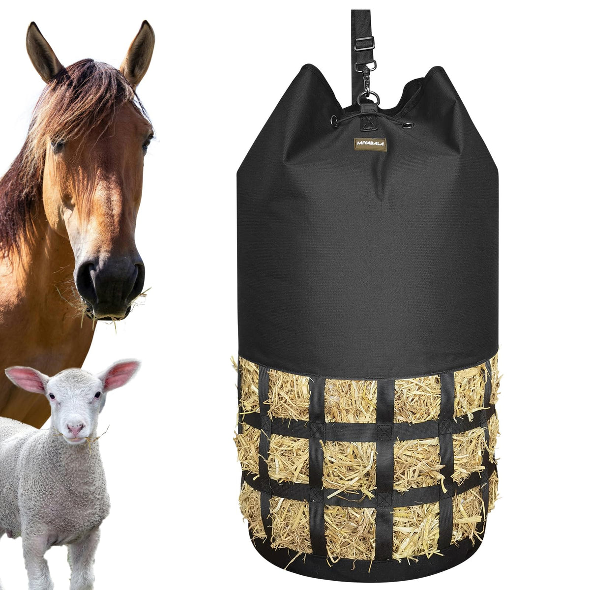 MIYABALA hay bag cylinder large capacity showing generous hay storage for extended feeding.