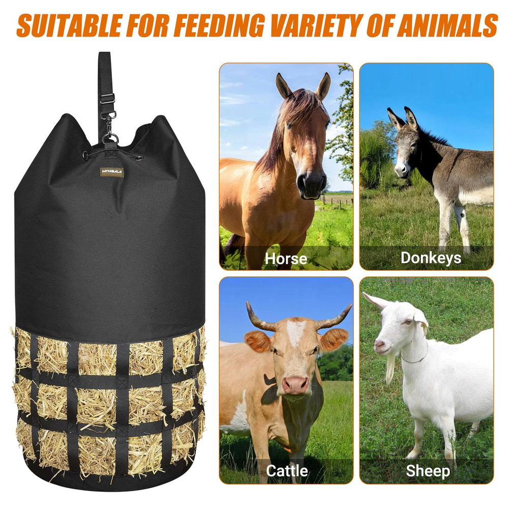MIYABALA hay bag drawstring opening for easy loading and secure closure.