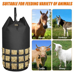 MIYABALA hay bag drawstring opening for easy loading and secure closure.