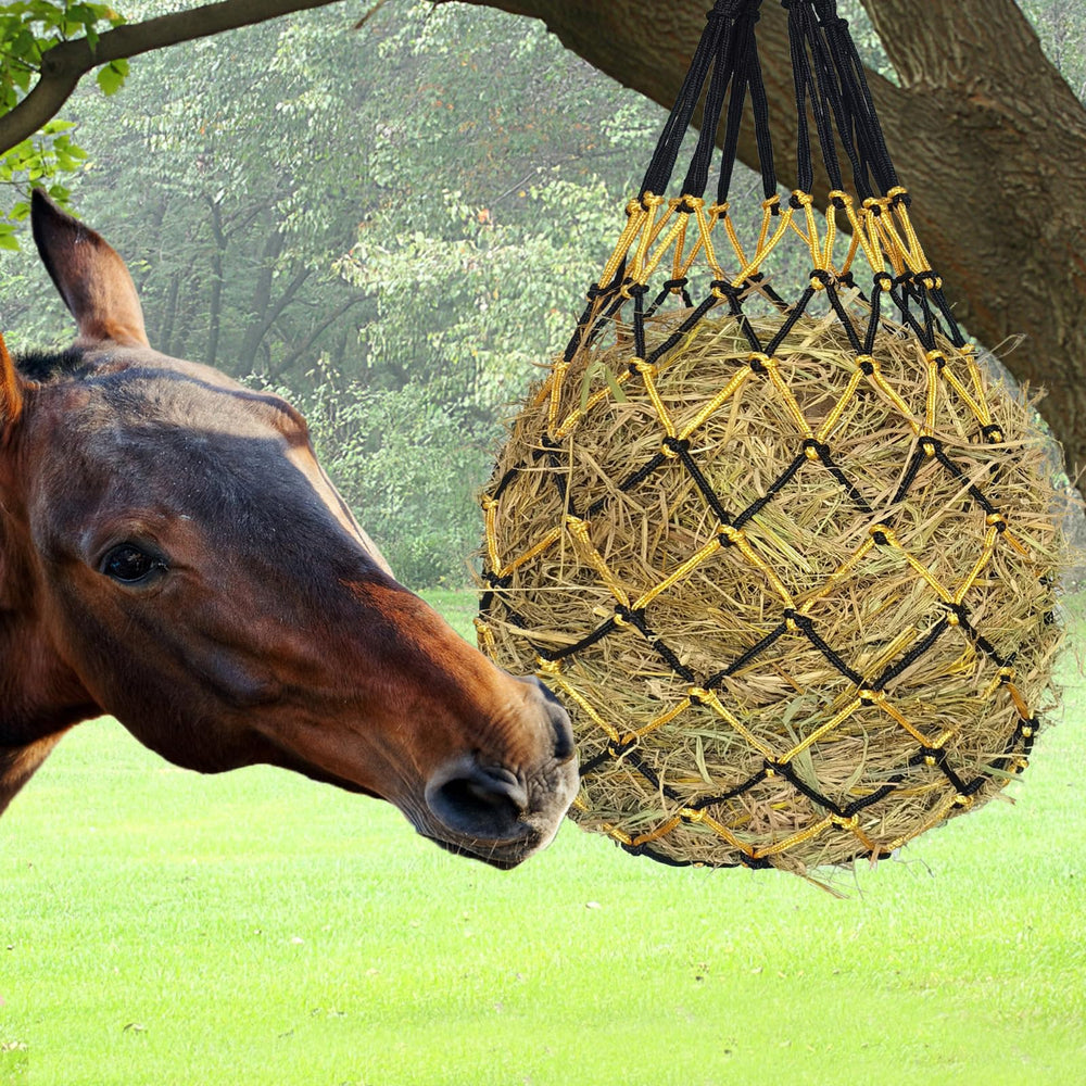 MIYABALA hanging hay net installed in stable stall.