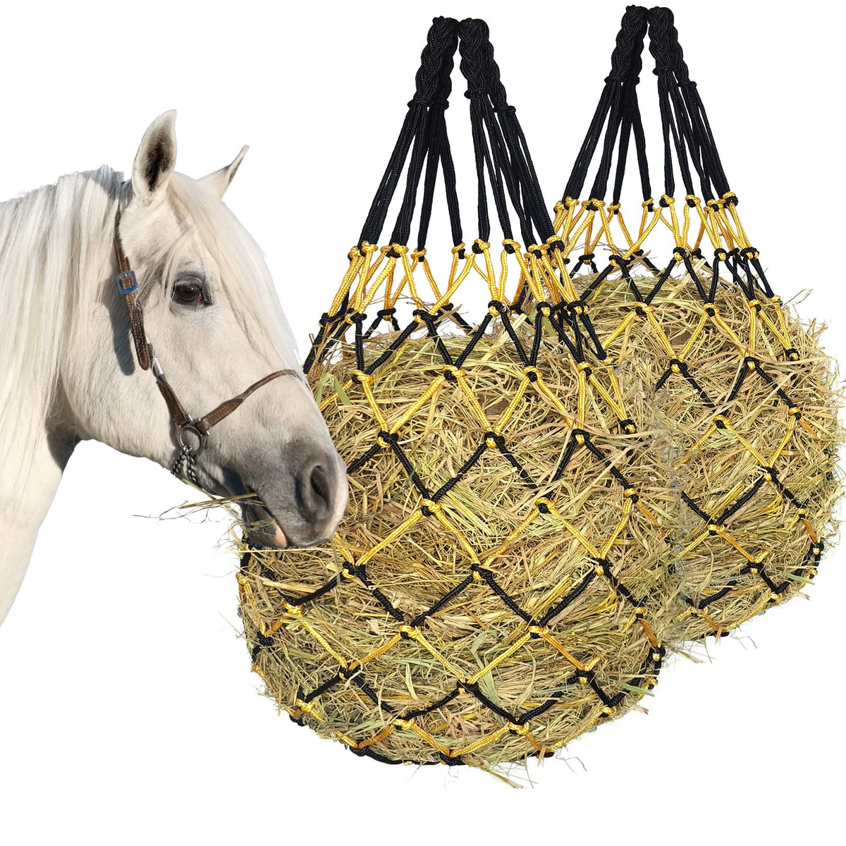 MIYABALA two-pack hay nets ready for use, designed to slow feeding and promote engagement.