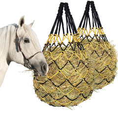 MIYABALA two-pack hay nets ready for use, designed to slow feeding and promote engagement.