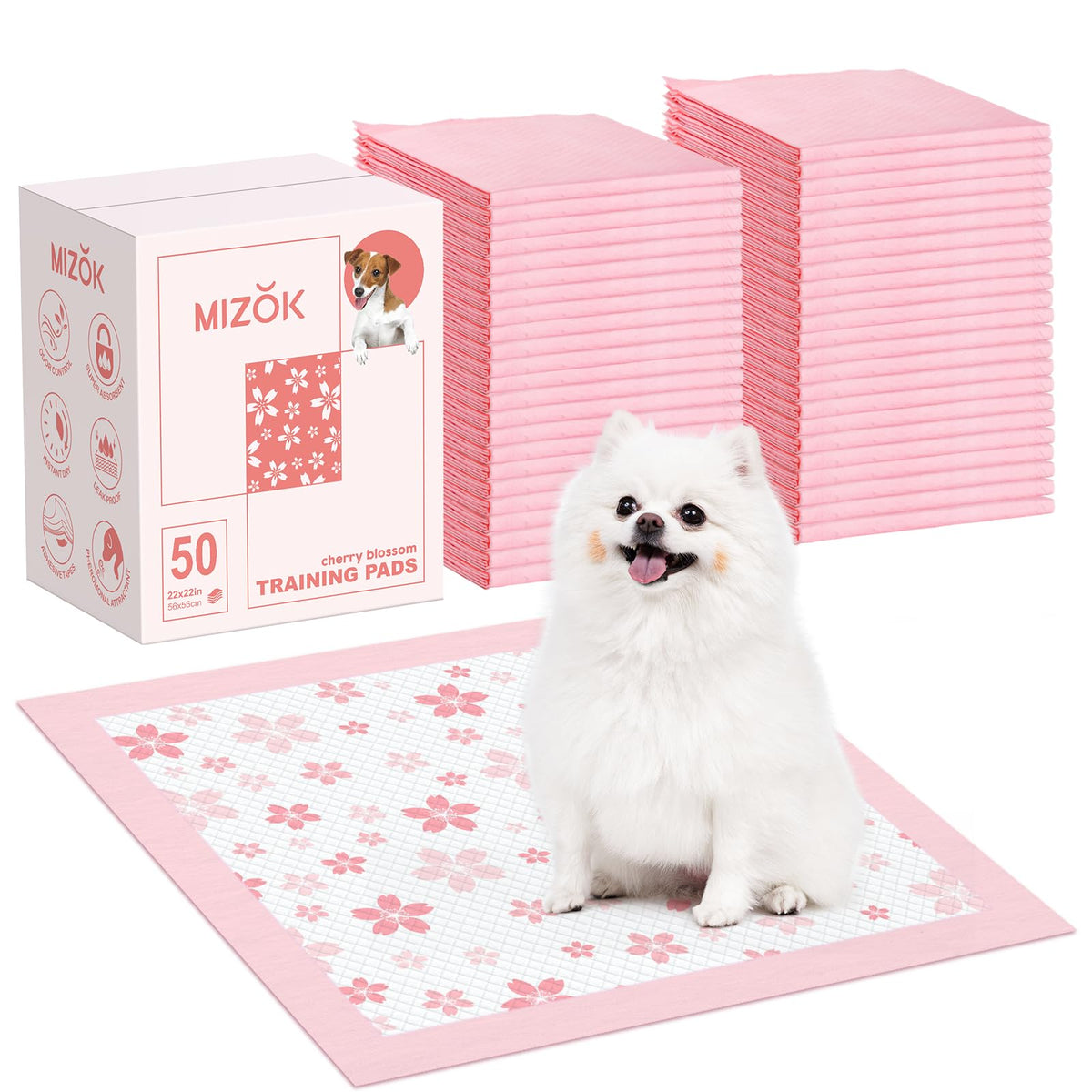 MIZOK Puppy Pads packaging box shows discreet storage for convenient household use.