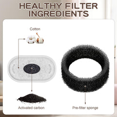 MJYNITE universal filter compatibility image highlighting steady water flow in stainless steel fountains.