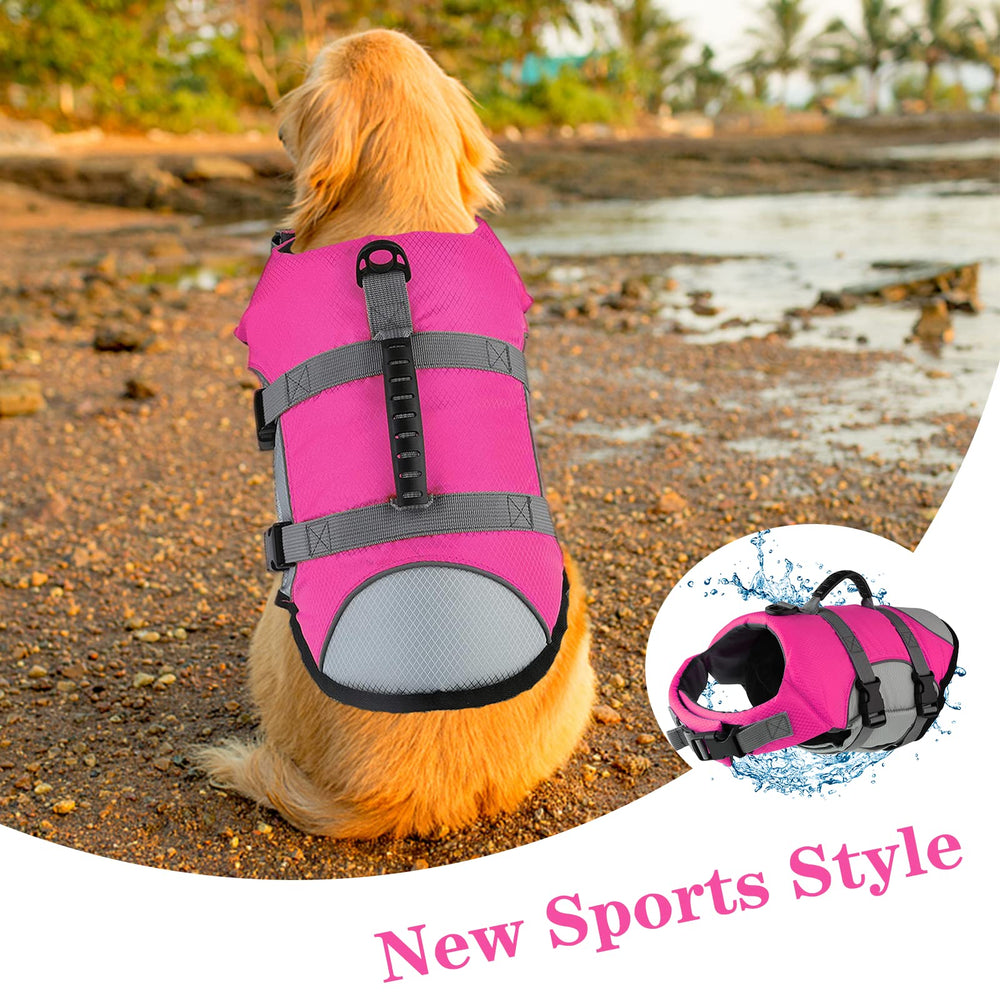 Mklhgty dog life jacket with rescue handle enables quick assistance on water.