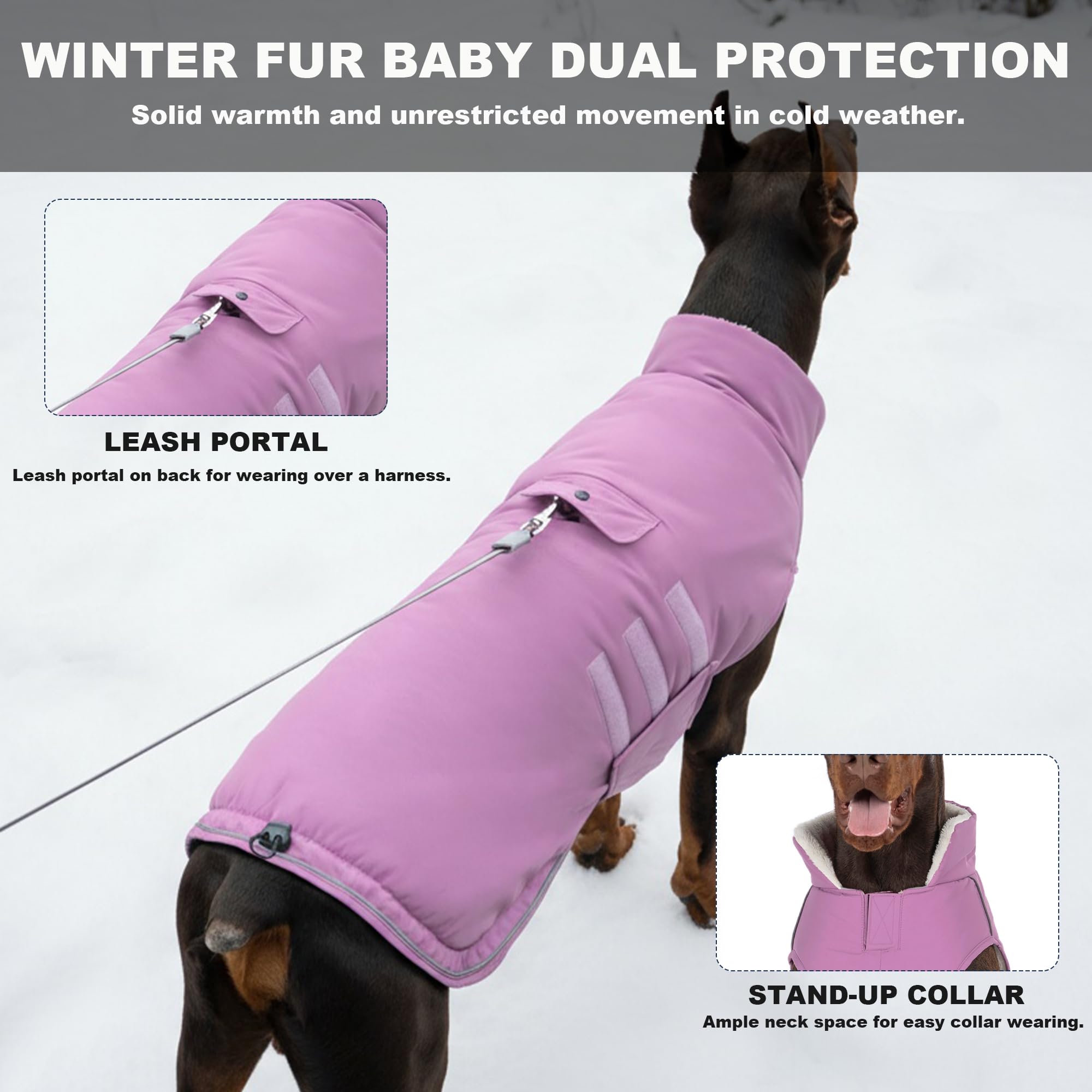 Mklhgty dog winter coat easy-on-off velcro closure demonstrated on side.