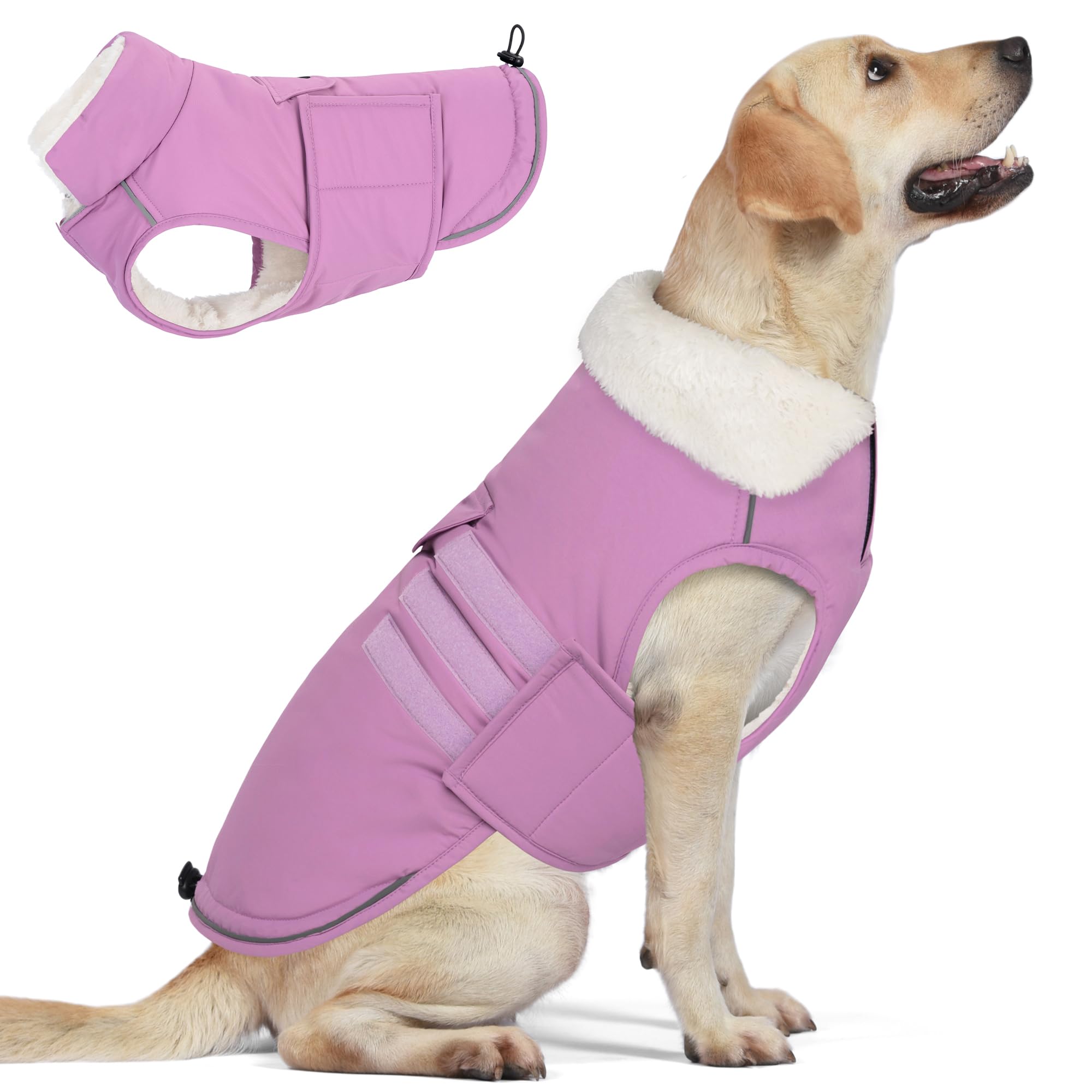 Mklhgty extra-warm dog coat in lilac back view shows waterproof warmth for winter walks.