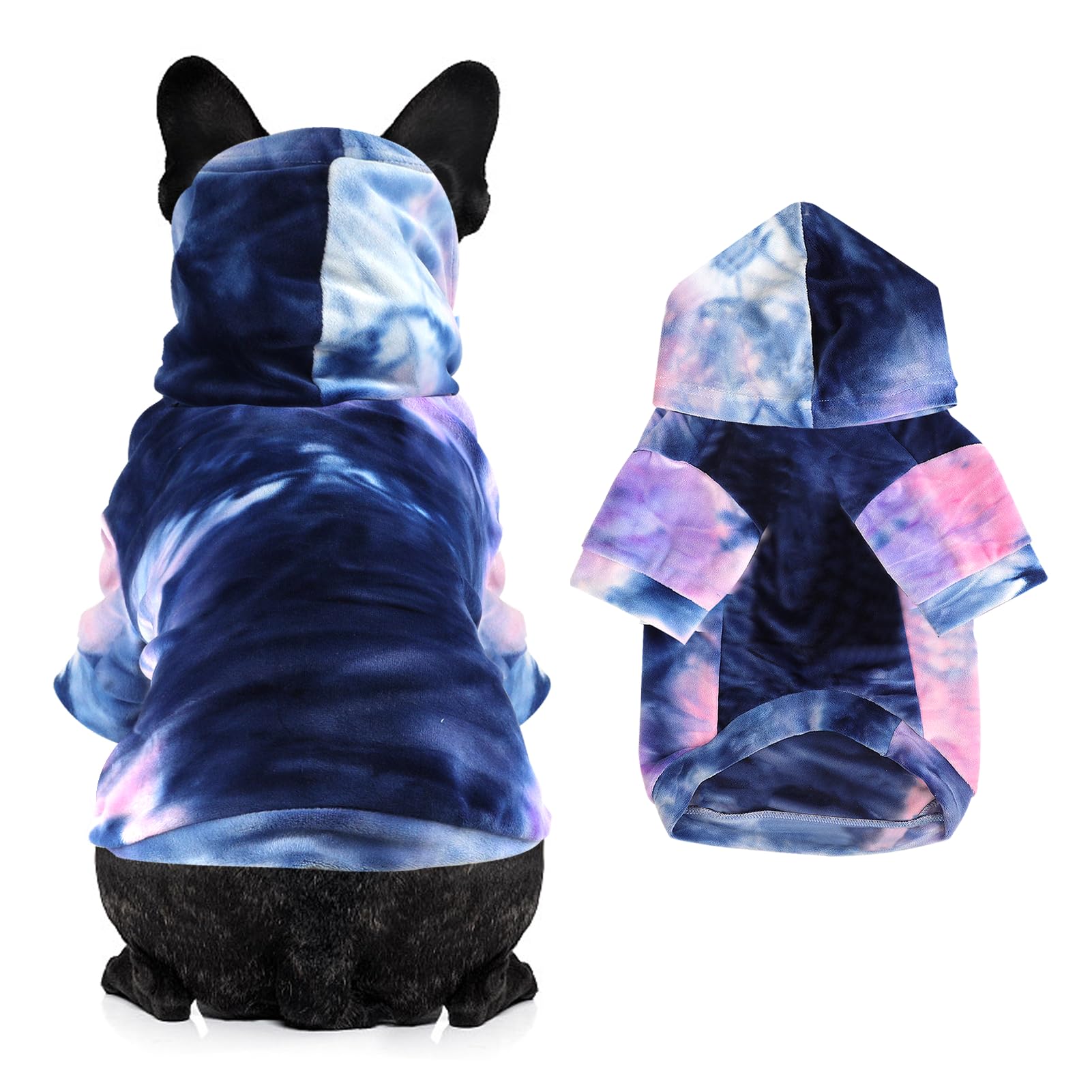Mklhgty tie-dye dog hoodie back view highlighting full coverage and fit