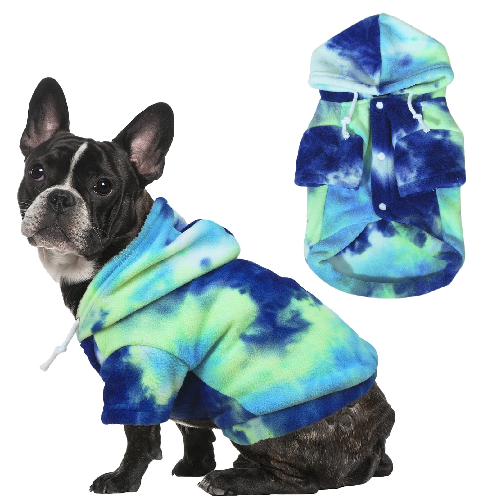 Mklhgty Tie Dye Dog Hoodie front view shows cozy fit for small dogs.