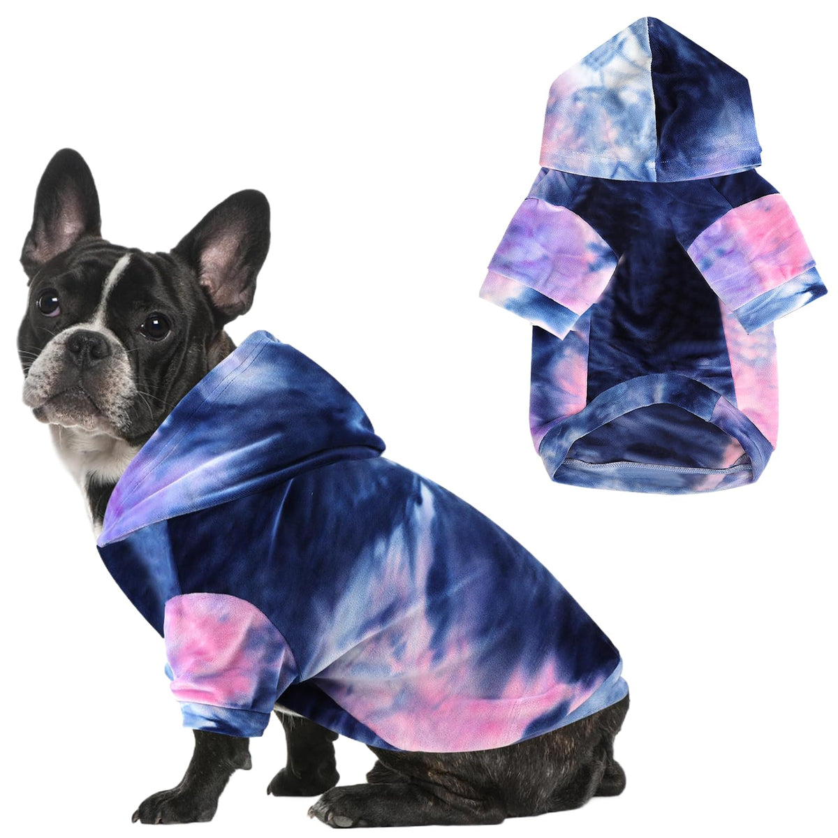 Mklhgty tie-dye dog hoodie front view for chilly walks and cozy style