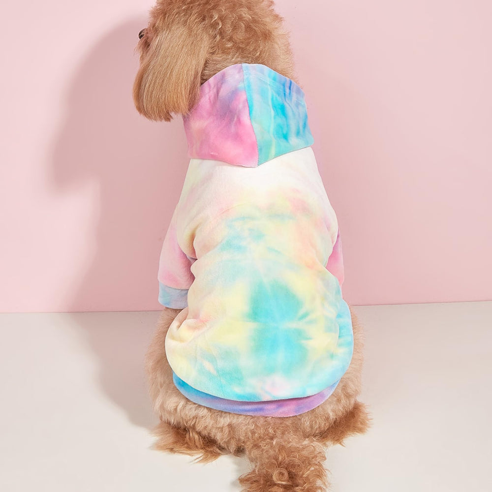 Mklhgty tie-dye hoodie on small dog conveys casual winter style.