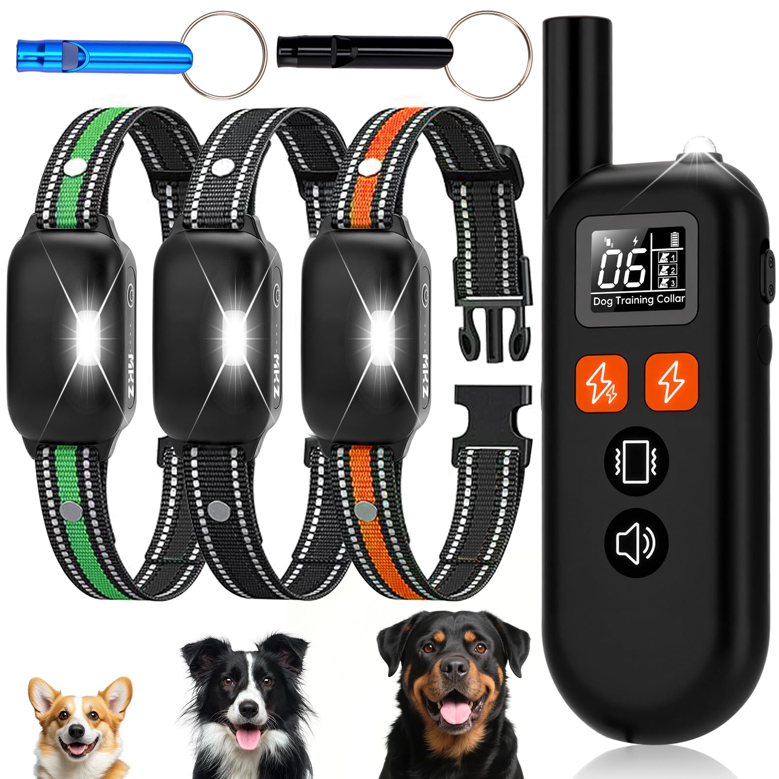 MKZ 3 Dogs Shock Collar remote with 3300ft range enables outdoor training.