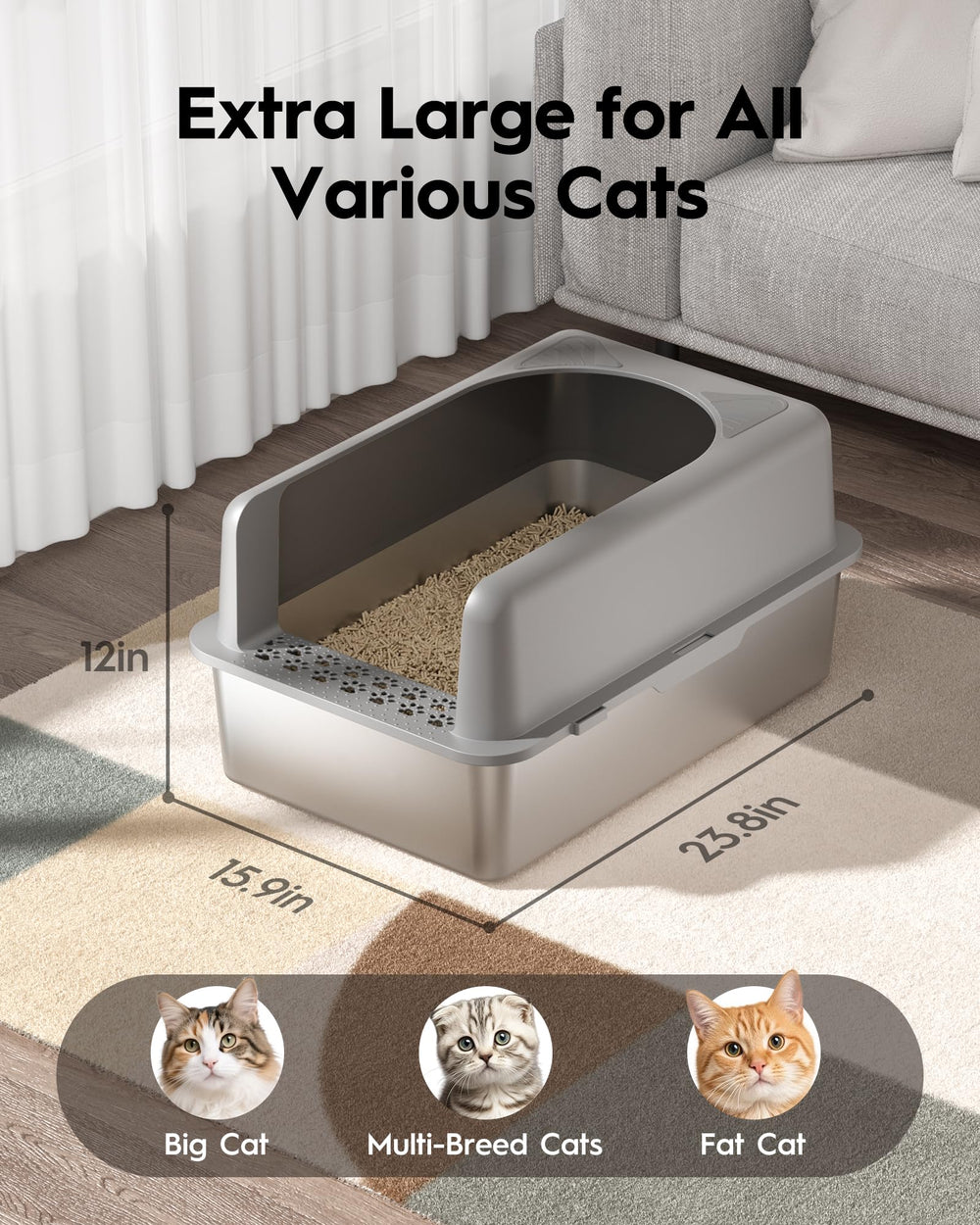 MLIKLU stainless steel litter box lid provides privacy and containment for large cats.