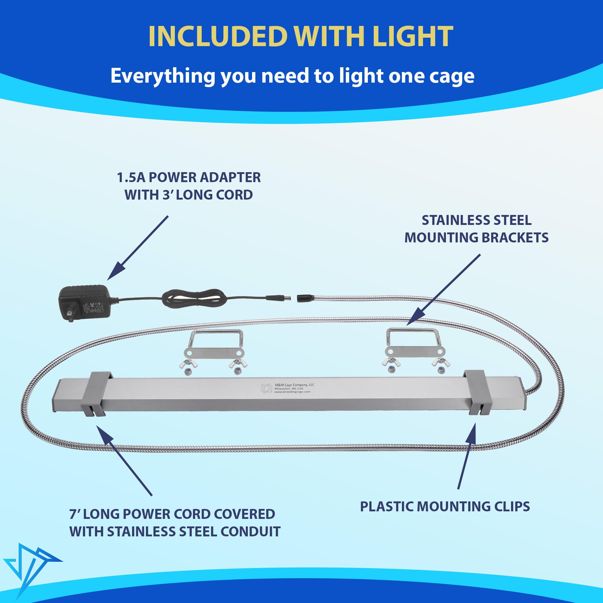 M&M Cage HappyBird full-spectrum LED delivers eye-friendly, UV-free lighting.