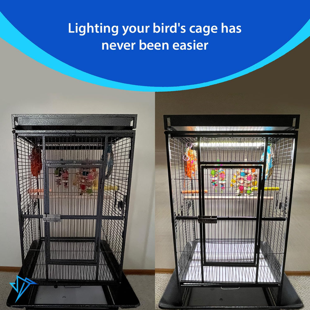 M&M Cage HappyBird sunrise-sunset-timer-ready setup enables automated daily light.