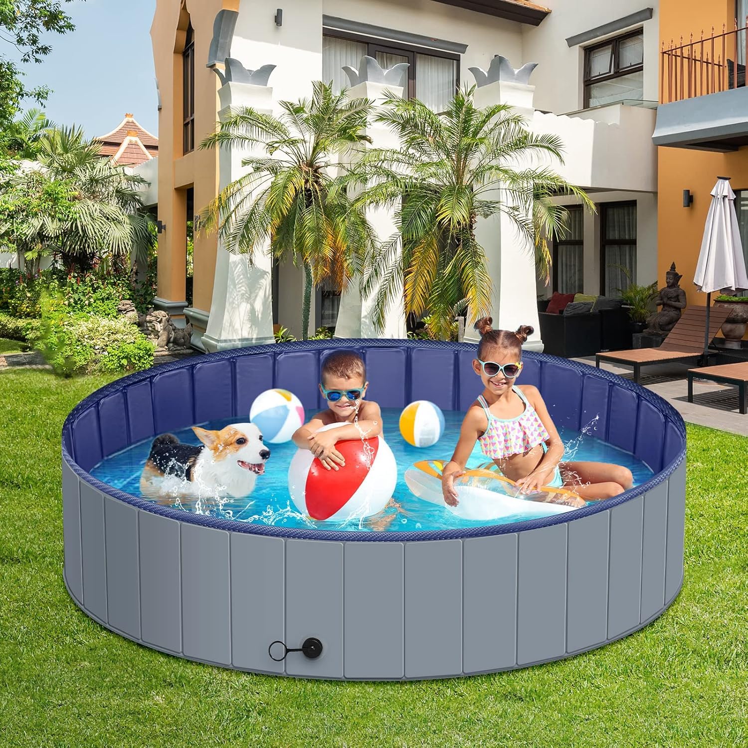 MMdipon dog pool outdoor-use setup for backyard or beach.