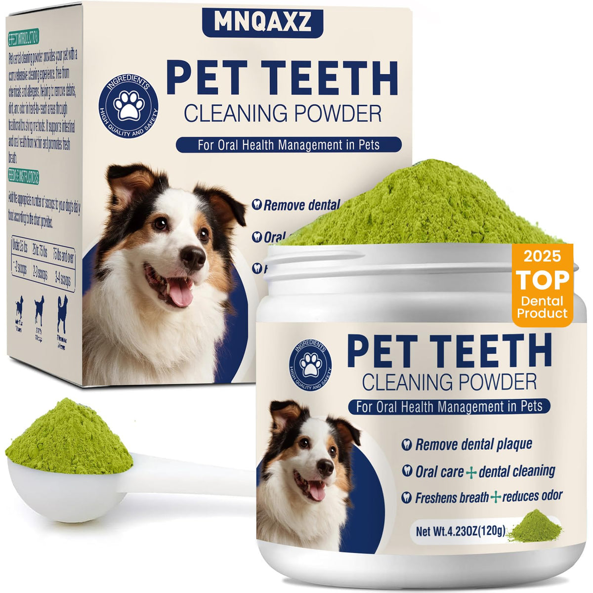 MNQAXZ dental powder jar 120g showcasing long-lasting dog oral care solution