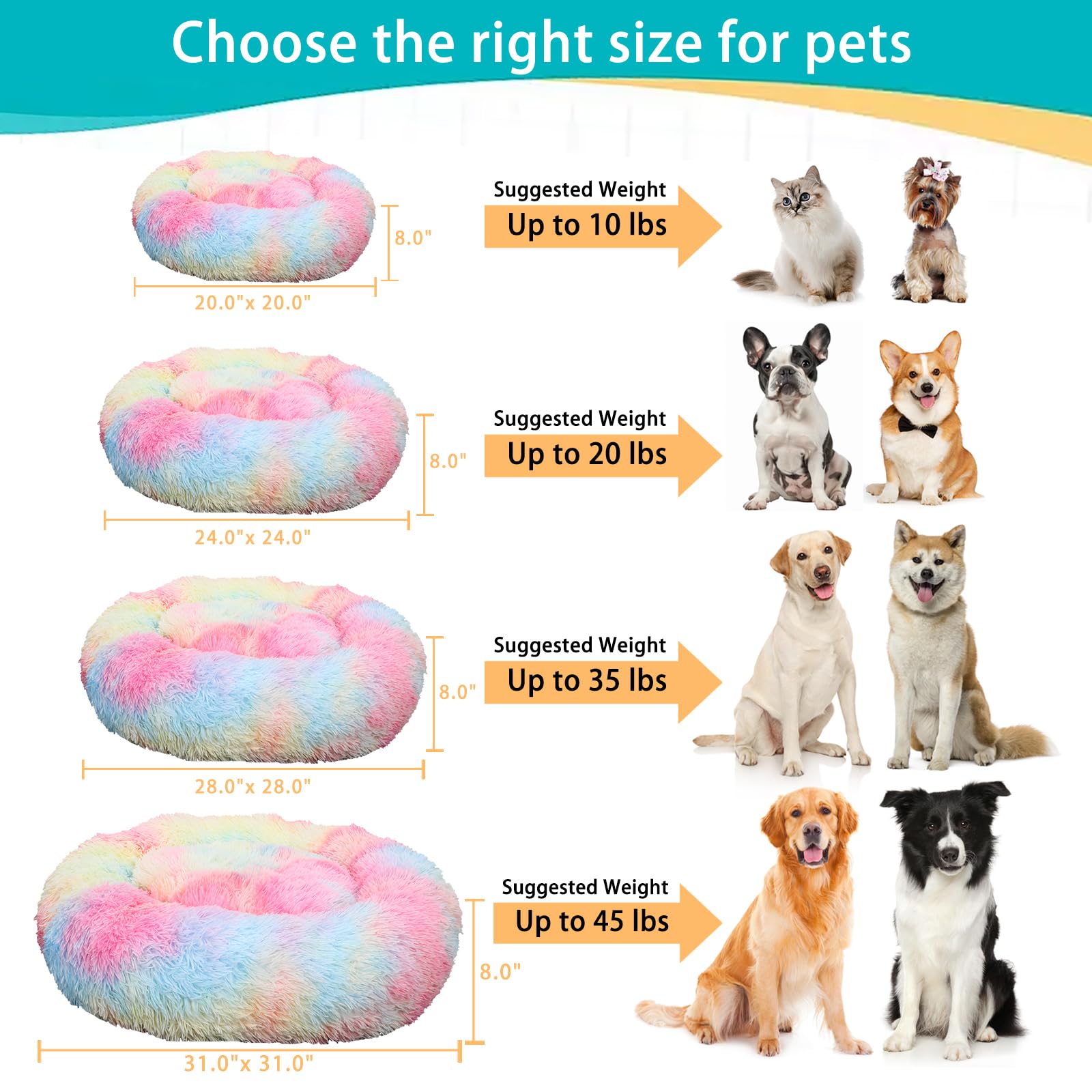 MNWHUC Calming Donut Bed size options highlight 20–31 inch ranges for small to medium pets.