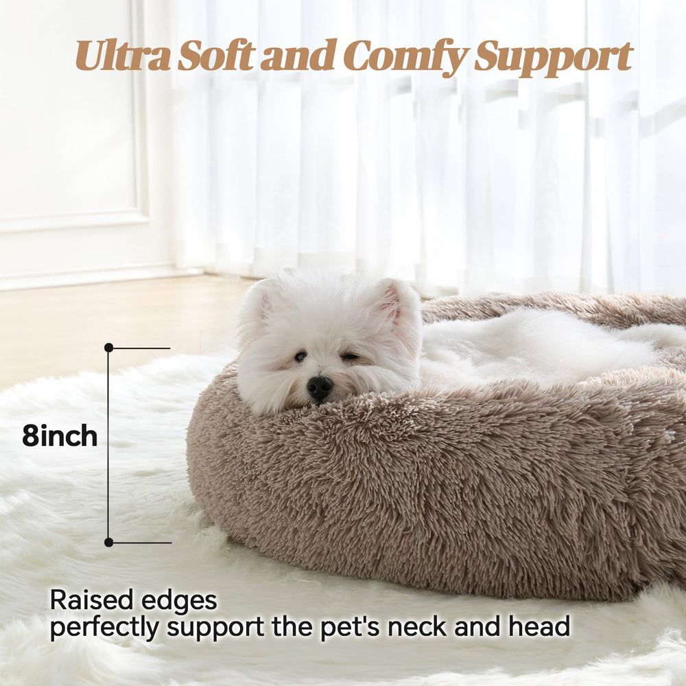 MNWHUC calming small donut bed fluff closeup emphasizes plush fur for cozy warmth