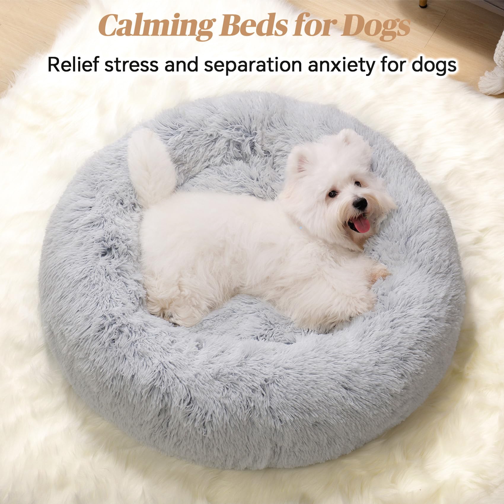 MNWHUC donut-design bed with soft fur cover enhances pet comfort.
