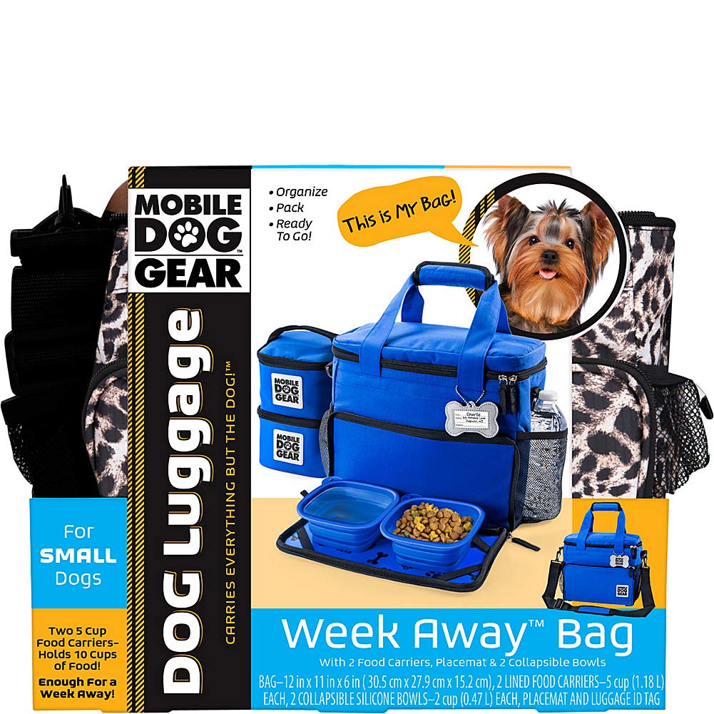 Mobile Dog Gear Week Away bag with collapsible bowls attached for travel-ready setup.