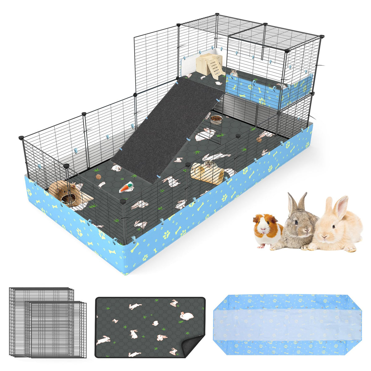 MODESLAB guinea pig cage with tarp and liner demonstrates leakproof enclosure for clean indoor spaces.