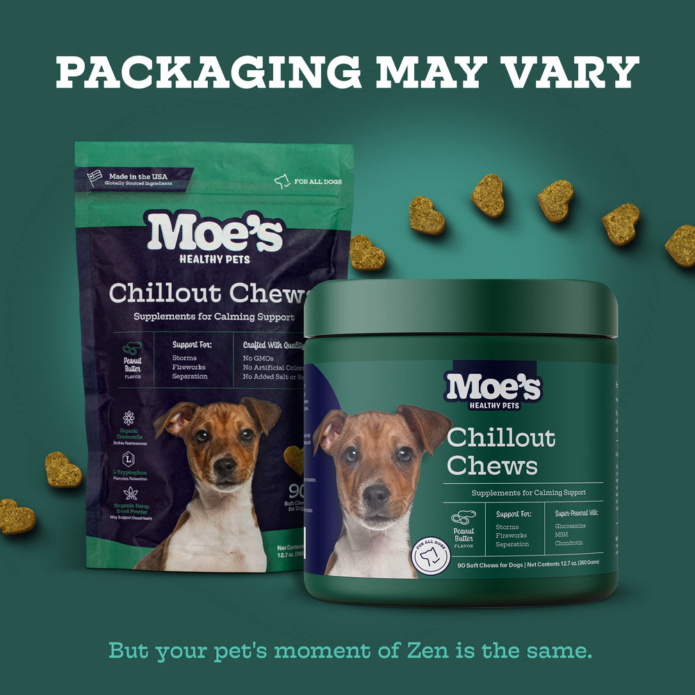 Moe's Calming Chews peanut-butter chews highlights a tasty option to ease anxious dogs
