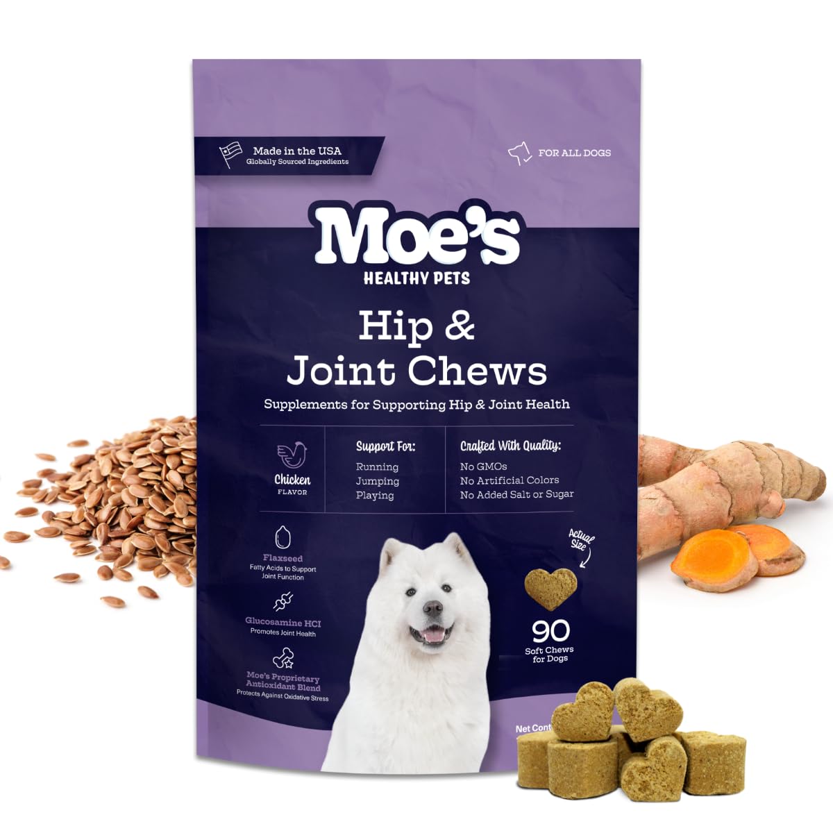 Moe's Healthy Pets dog joint supplement bottle with 90 soft chews supporting joints and mobility