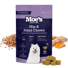 Moe's Healthy Pets dog joint supplement bottle with 90 soft chews supporting joints and mobility