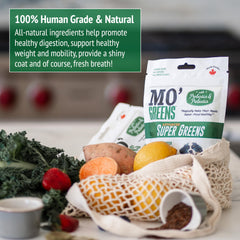 Mo’Greens-glossy-coat-breath: antioxidants and omegas support coat shine and fresher breath.